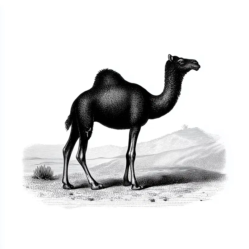 Detailed vintage style black and white illustration of a camel in desert