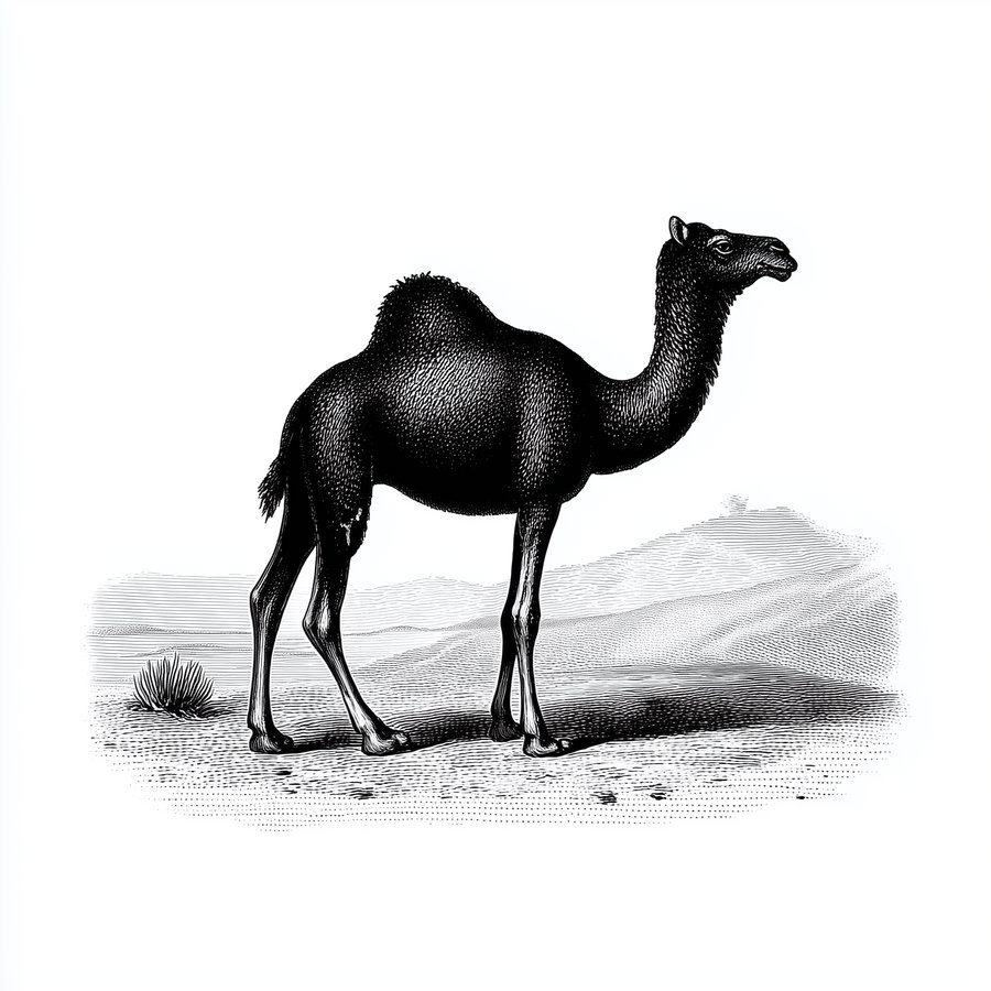 Black and white vintage engraving of a camel standing in a desert landscape with some shrubbery and hills in the background.
