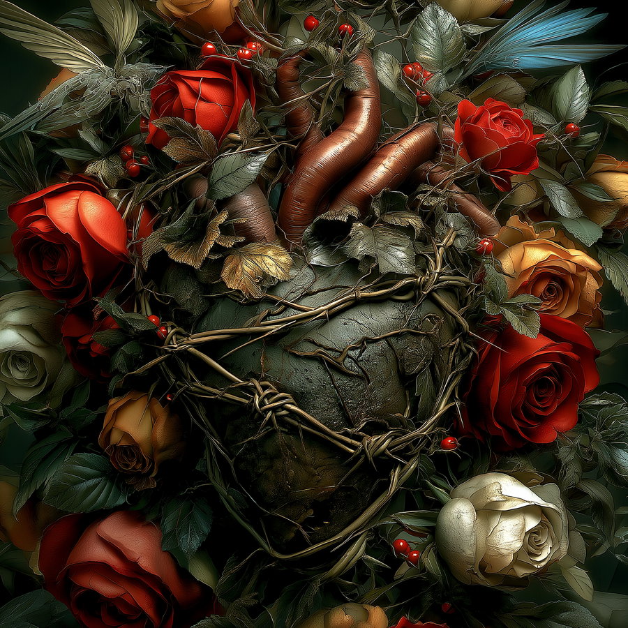 A dark fantasy style artwork of a heart entwined with barbed wire and surrounded by vibrant roses and green leaves