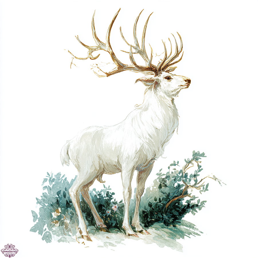 A detailed watercolor illustration of a white stag standing on a patch of ground with green bushes in the background, showcasing its large elaborate antlers.