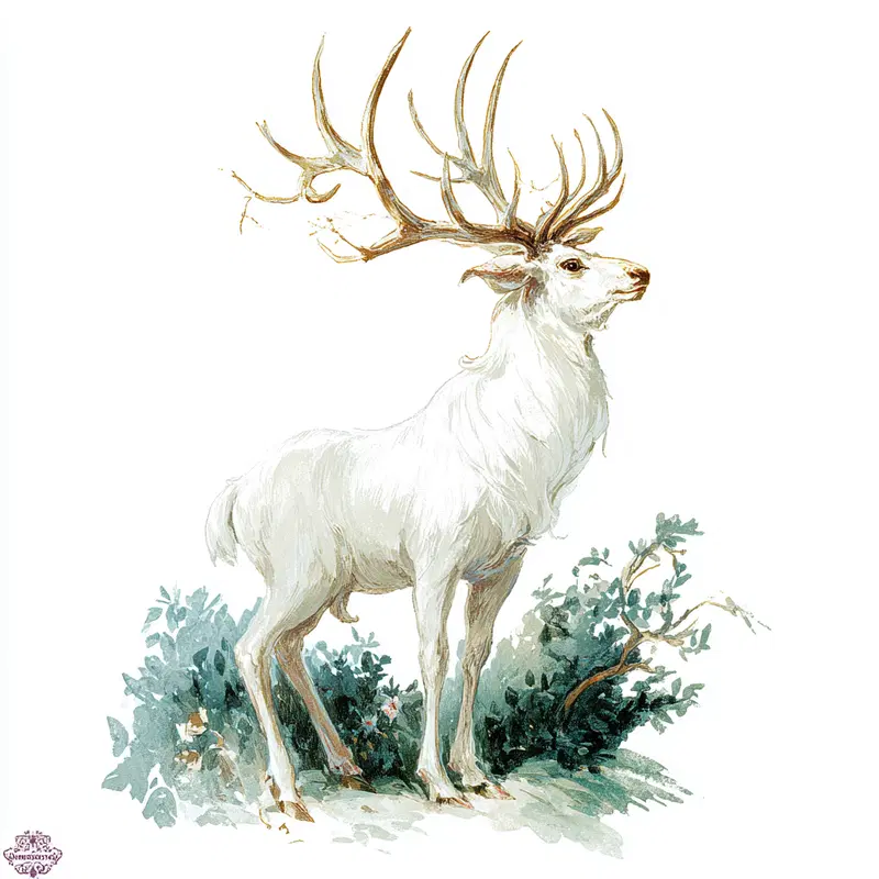 Illustration of a majestic white stag with intricate antlers