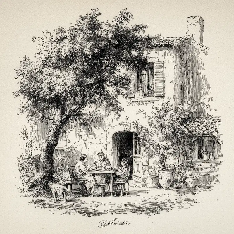 Detailed vintage-style drawing of a rustic house exterior with people enjoying time outdoors