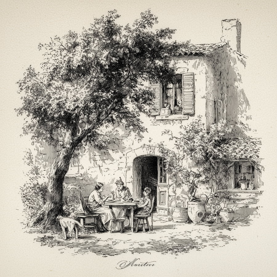 A detailed black and white drawing showing three people seated at a table outside a rustic house under a tree, with a dog nearby and a person looking through an open window of the house.
