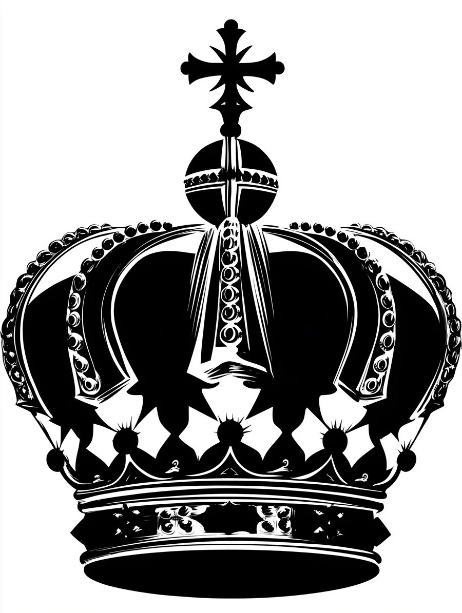 Black and white detailed illustration of a royal crown with ornate design and a cross on top