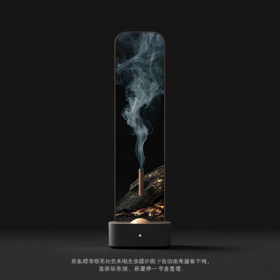 A lit incense stick emitting smoke, positioned in front of a piece of charcoal with golden specks, displayed on a modern black stand against a dark background