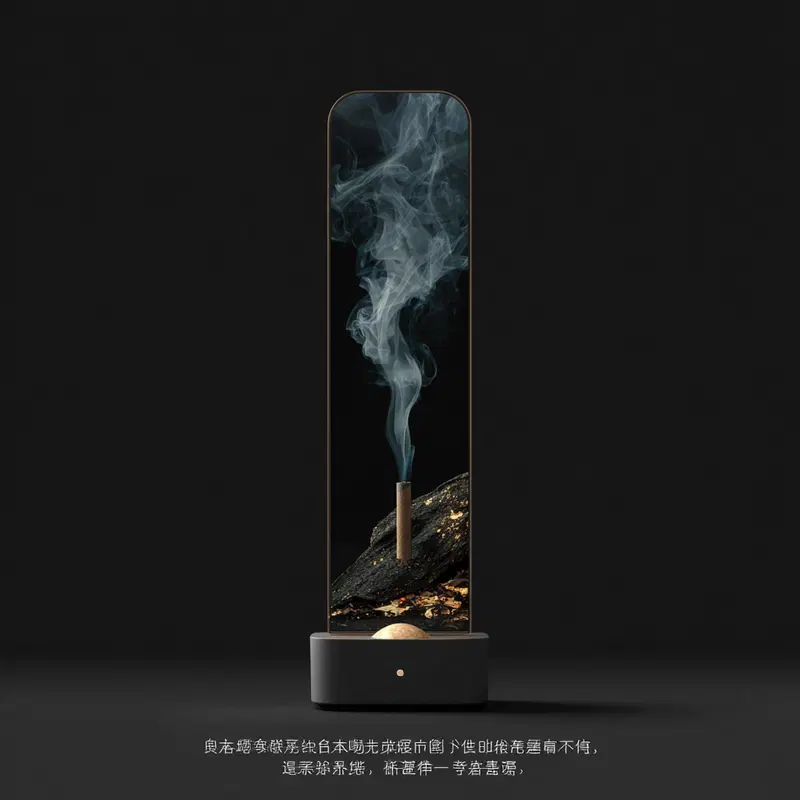 Still life of incense smoke rising above charcoal and ash elements
