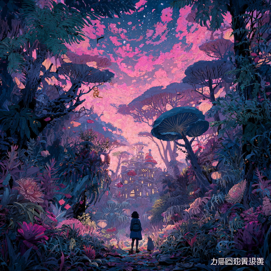 A vibrant fantasy landscape featuring a silhouetted girl and a cat standing on a lush path surrounded by large, colorful plants and trees with oversized mushroom-like formations, under a glowing pink and purple sky with scattered glowing lights, and a majestic fantasy city with illuminated windows in the background.