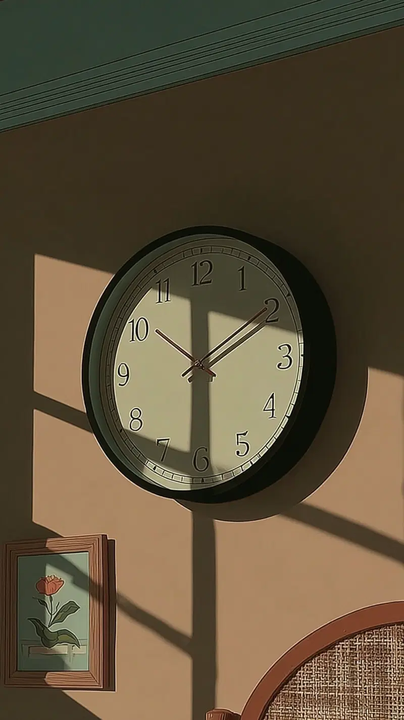 Wall clock casting window shadows above framed flower art and chair
