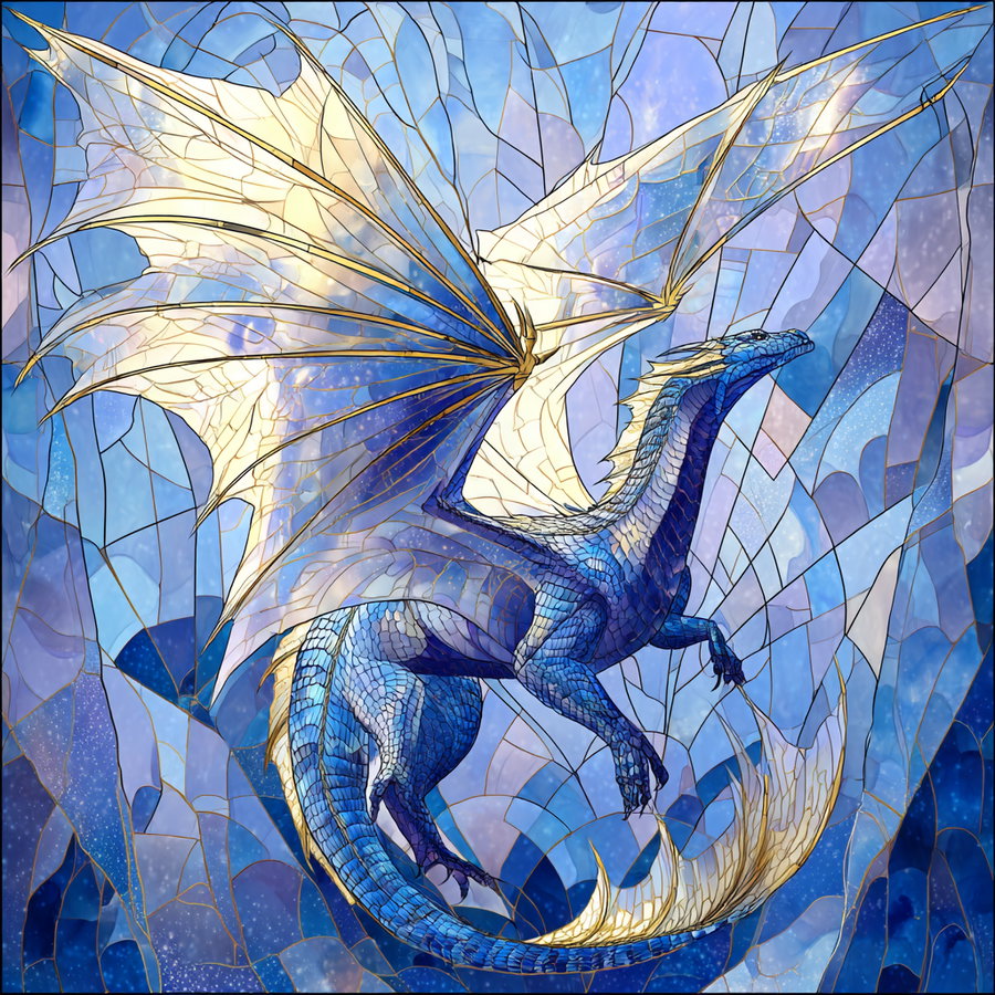 A detailed stained glass artwork showing a blue dragon with white and blue wings flying against a blue-toned sky background