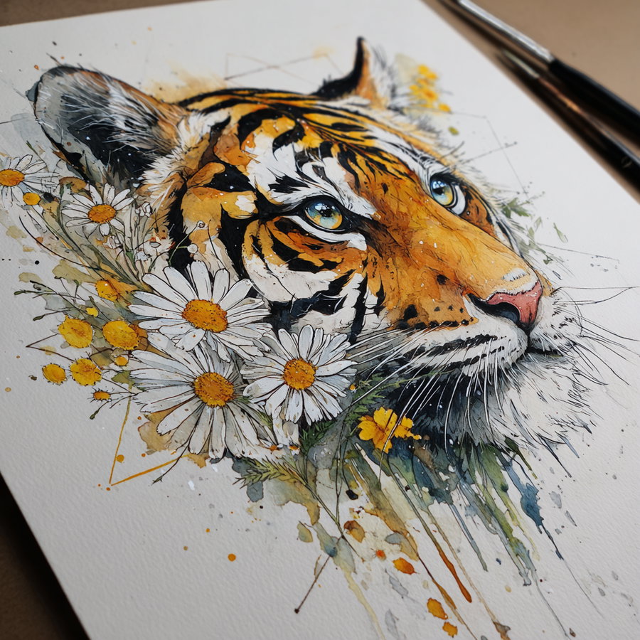 Watercolor artwork of a tiger's head with striking eyes and orange and black stripes, surrounded by white daisies and yellow flowers with paintbrushes visible in the background