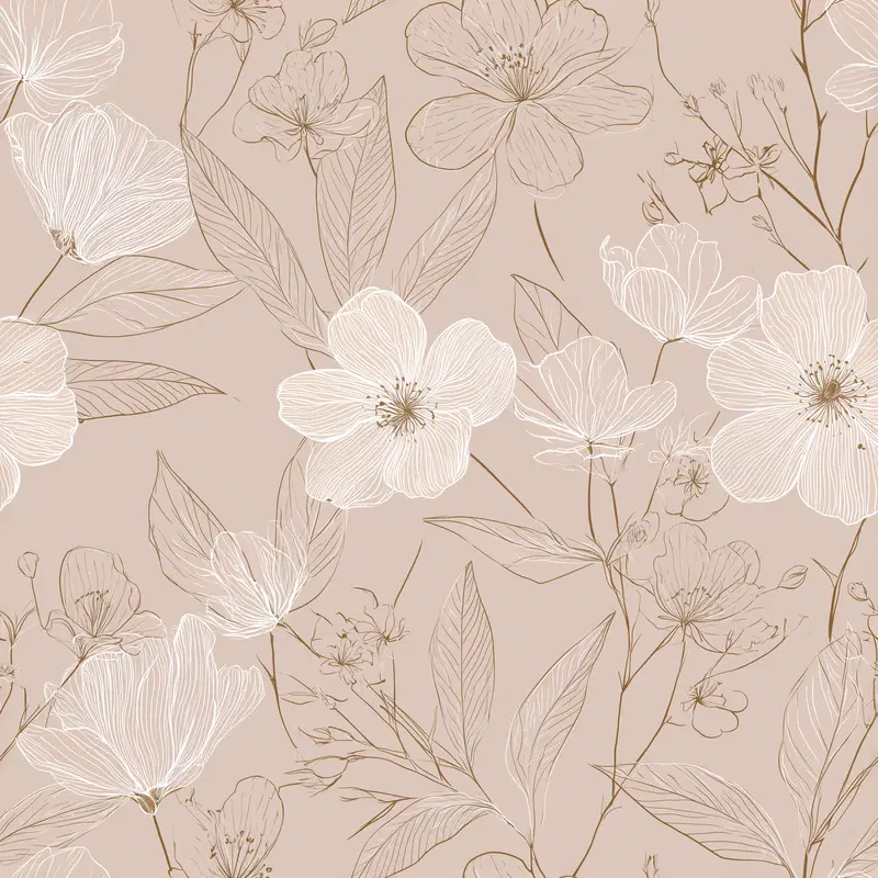 Delicate beige floral botanical pattern with outlined flowers and leaves