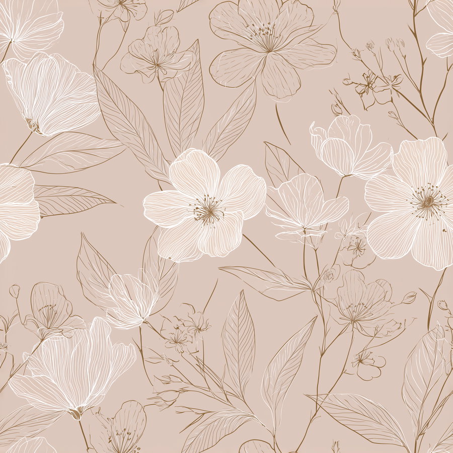 Beige background with detailed line drawings of white and brown flowers and leaves in a botanical style