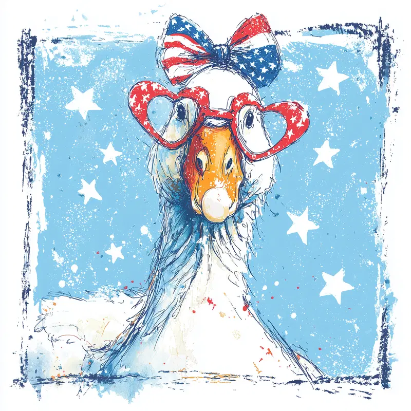 Whimsical illustration of a goose wearing heart-shaped glasses and patriotic bow