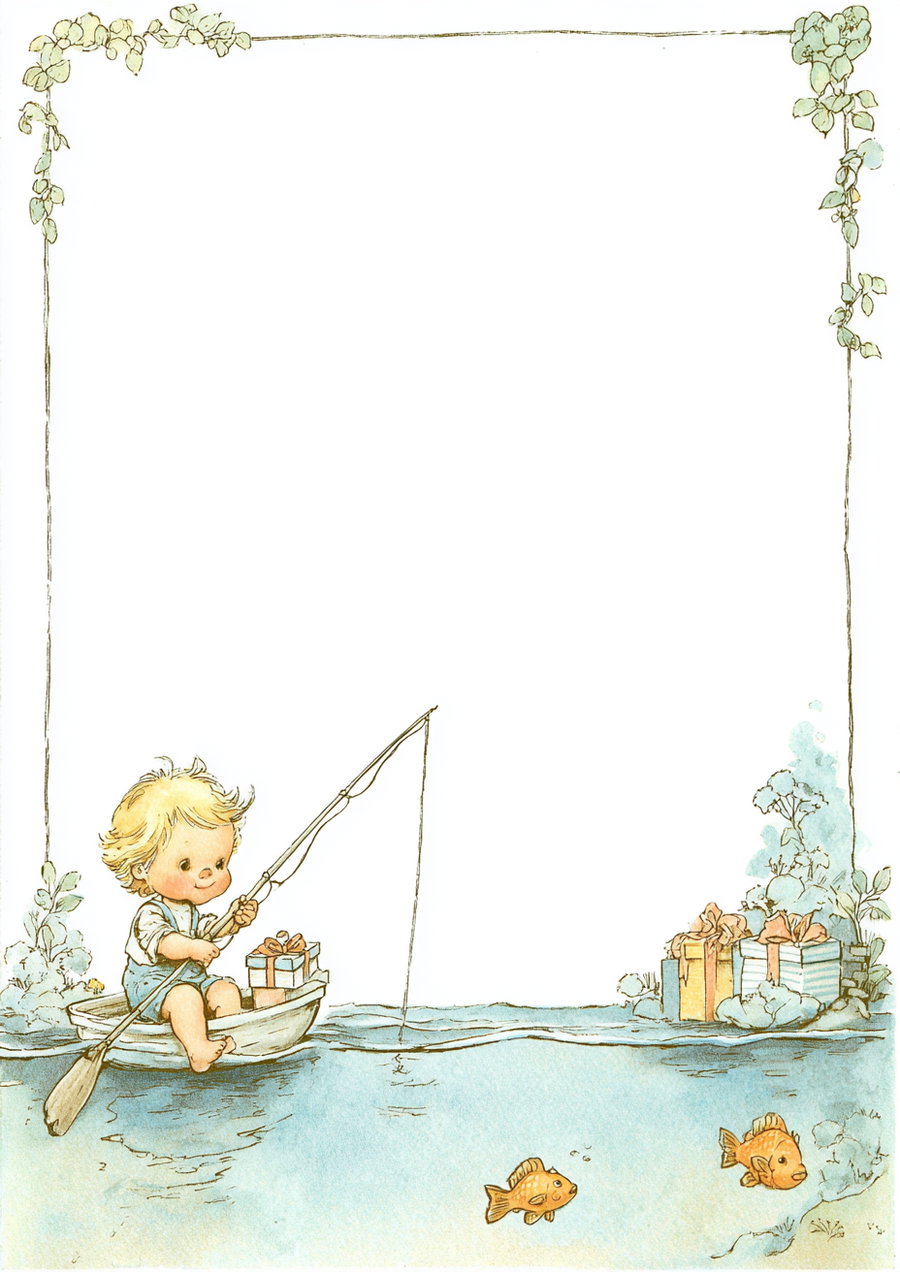 A watercolor-style illustration of a small child sitting in a boat holding a fishing rod on water with two fish swimming below and wrapped gifts and plants on the shore