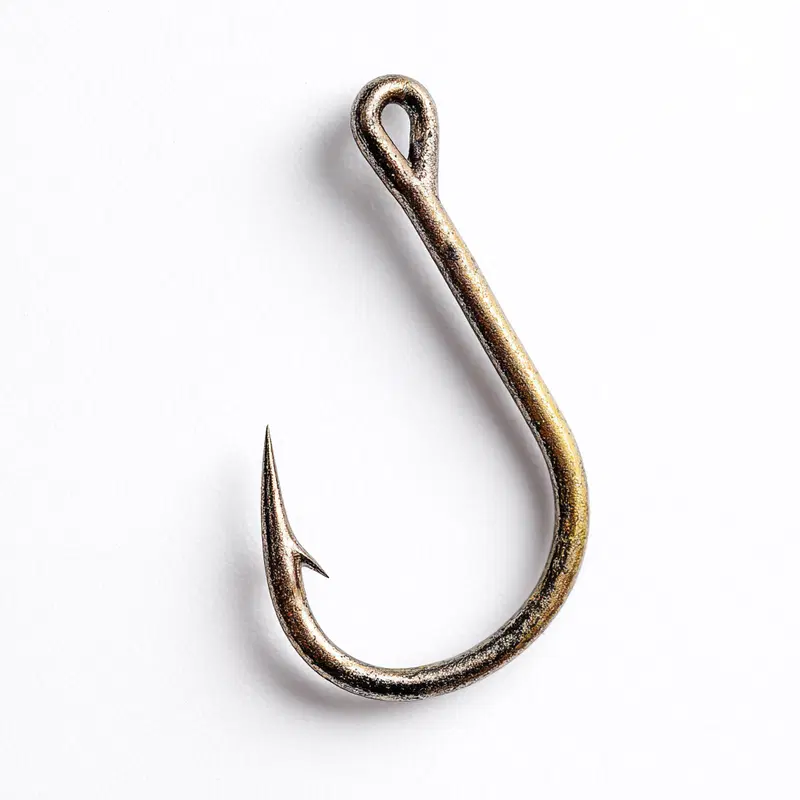 Close up of a single vintage fishing hook on a white background