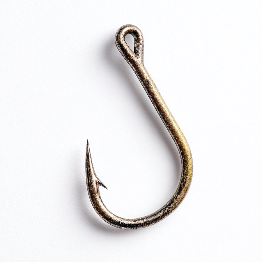 A detailed image of an old metal fishing hook with a barb, isolated on a white surface
