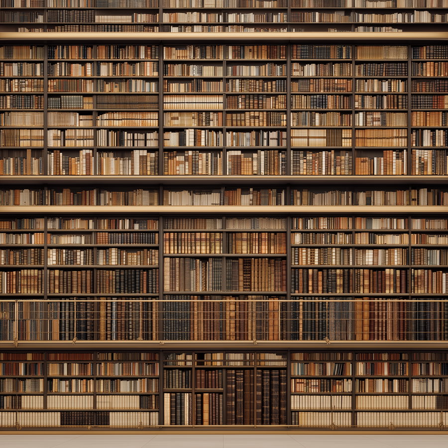 multiple rows of wooden bookshelves filled with various books in a well-lit interior space with railings and a light floor