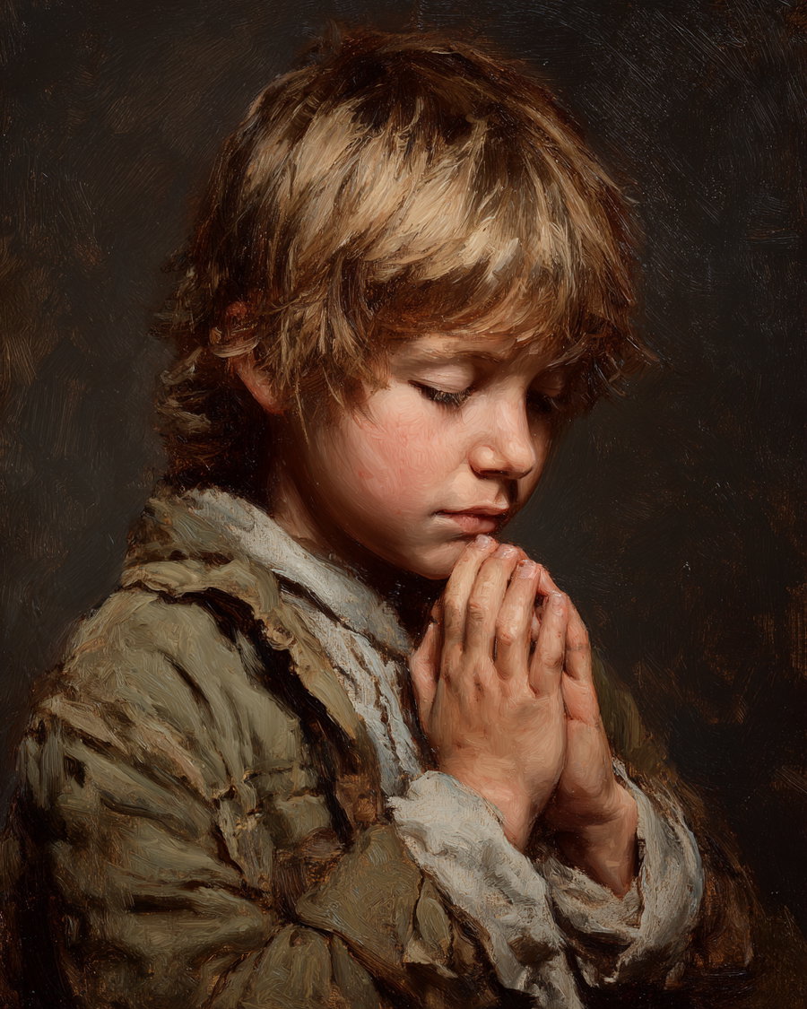 A detailed oil painting of a young boy with blond hair, eyes closed, and hands clasped together as if praying, wearing old-fashioned clothing against a dark background.