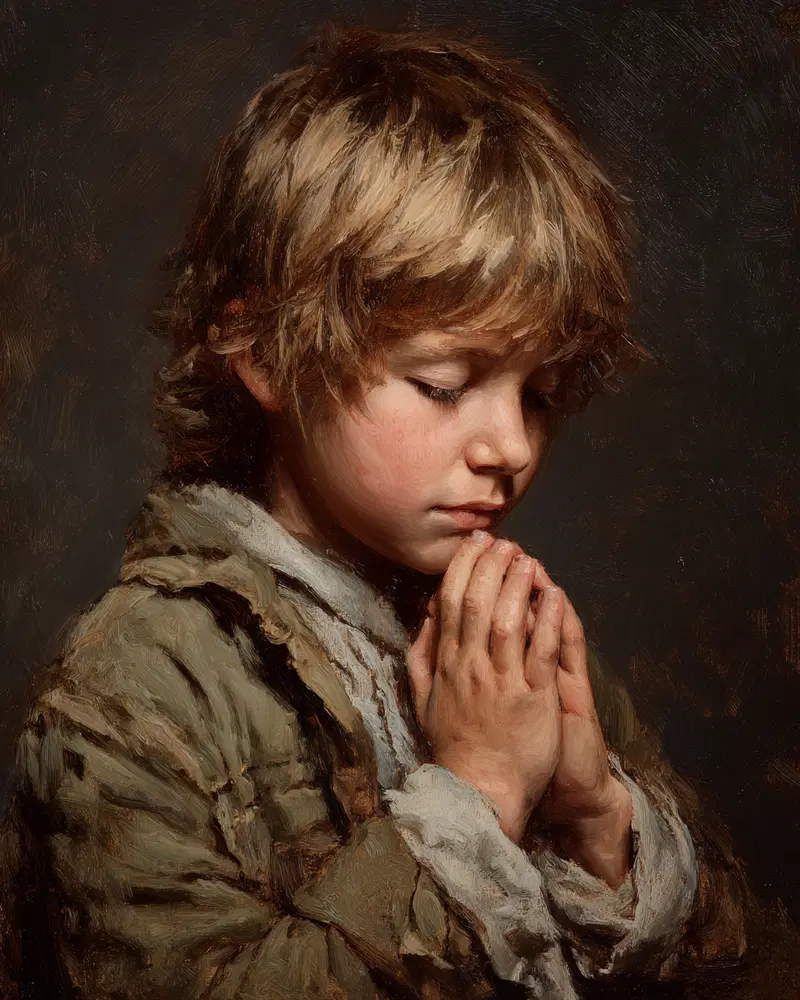 Oil painting portrait of a young boy with hands clasped in prayer