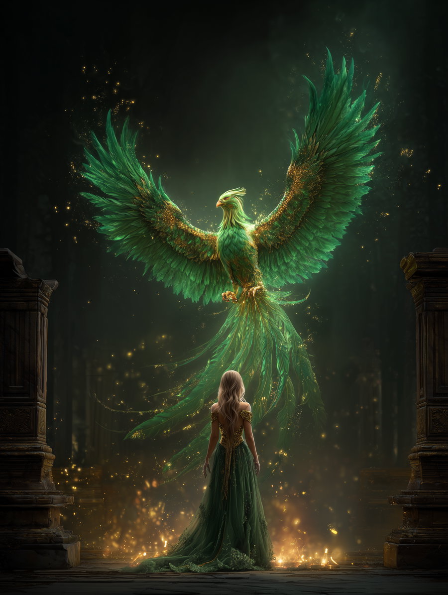 A fantasy scene depicting a large green phoenix with glowing feathers and wings spread wide, hovering before a woman in an elegant green dress standing between two ancient pillars, surrounded by golden sparkles and a mystical atmosphere
