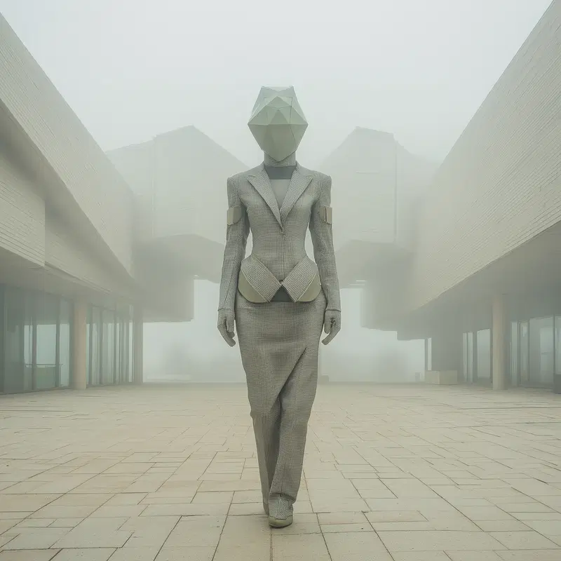 Futuristic humanoid figure with geometric cat-like headwear in modern architecture