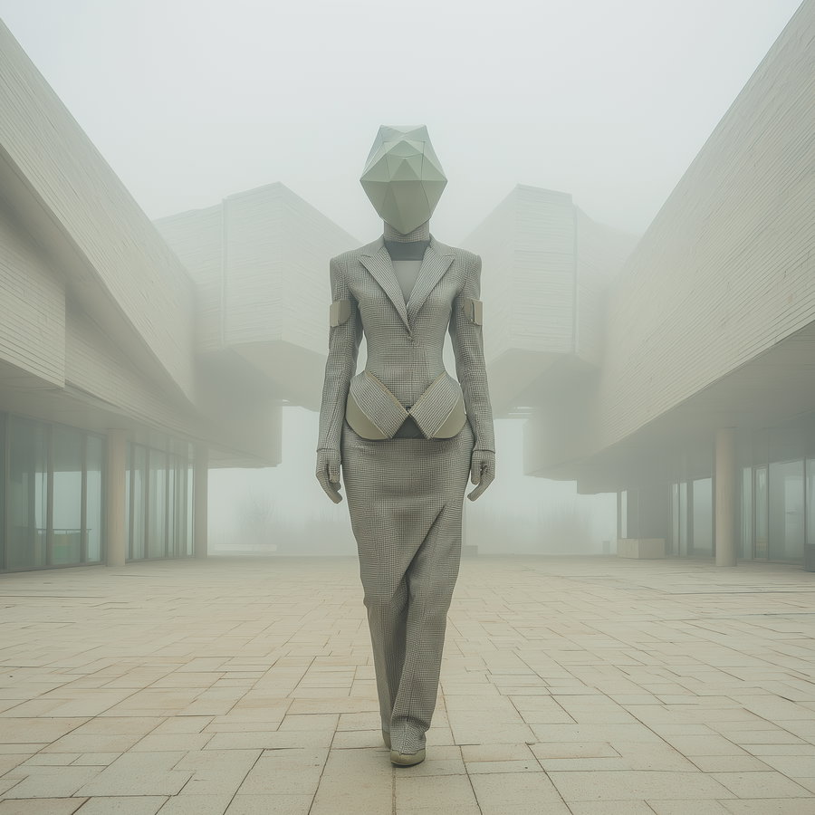 Human figure wearing a checkered suit with geometric cat-shaped helmet, standing in foggy modern architectural courtyard