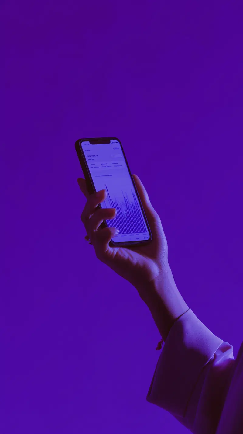 Hand holding smartphone displaying data graphs with purple lighting