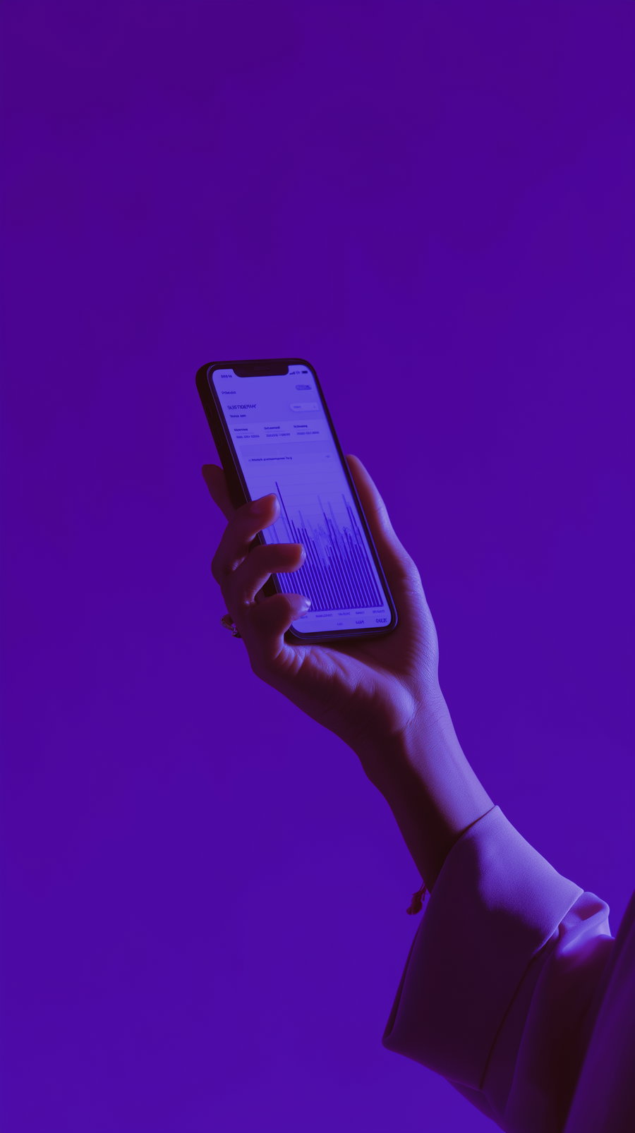 a hand holding a smartphone showing a screen with bar graphs and data against a purple background