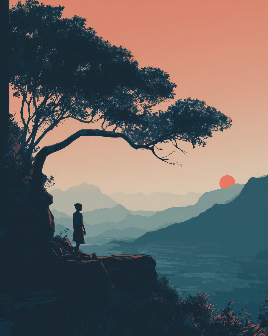 A digital artwork showing a silhouette of a woman standing on rocky cliff beside a large tree with a panoramic view of mountains and a setting sun in the background, all in muted pastel tones.