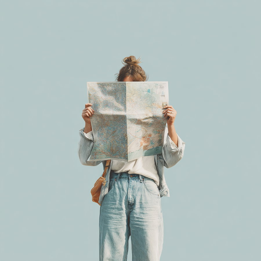 A woman with a top bun hairstyle holding and reading a large unfolded map, wearing light blue jeans and a light jacket, standing against a plain light blue sky background.