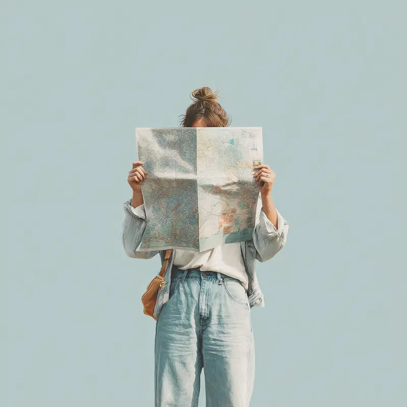 Stylish woman in denim reading a map against a clear sky background