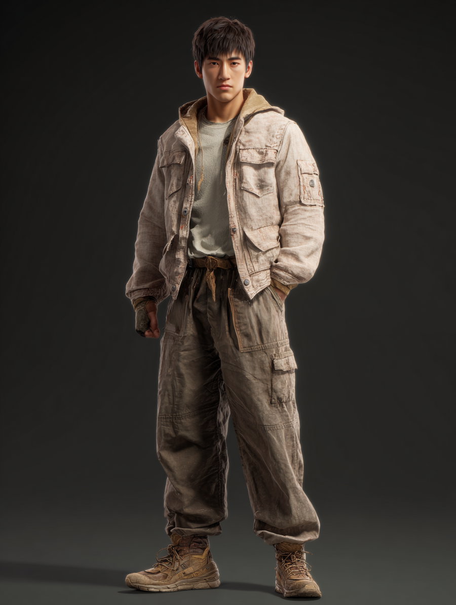 A young man with short dark hair wearing a beige jacket over a greenish shirt, baggy cargo pants, and brown hiking boots, standing with hands in pockets against a plain dark background.