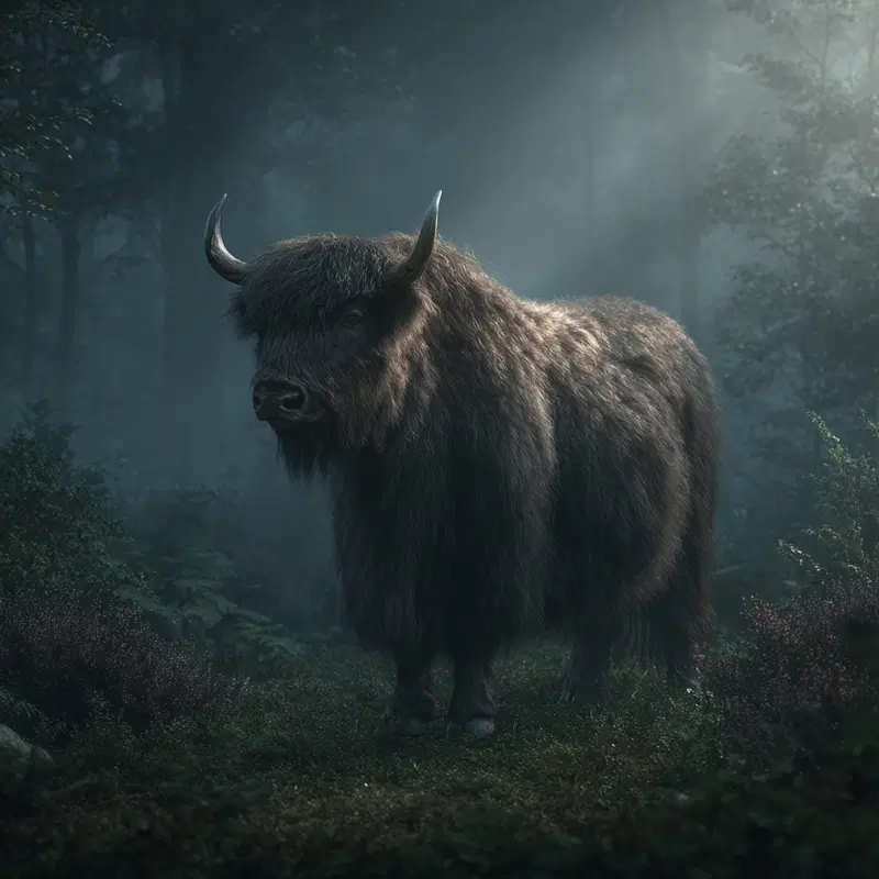 A detailed digital illustration of a wild bison standing in a misty forest