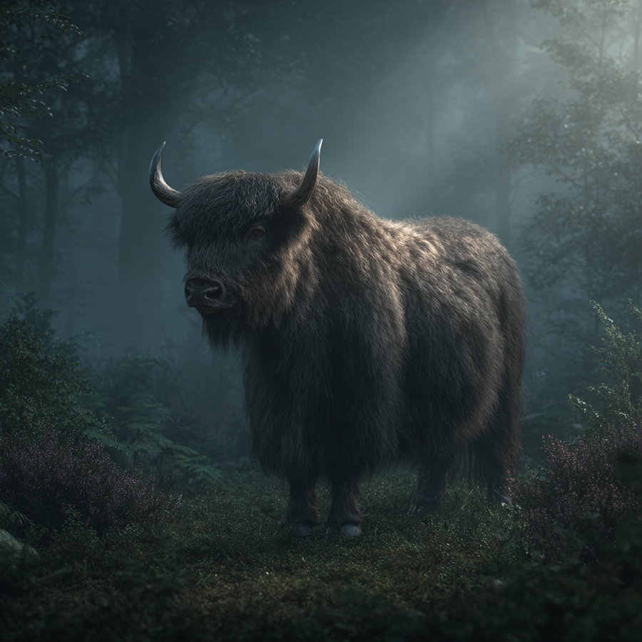 A large bison with thick fur and horns standing on forest ground surrounded by trees and foliage in low light