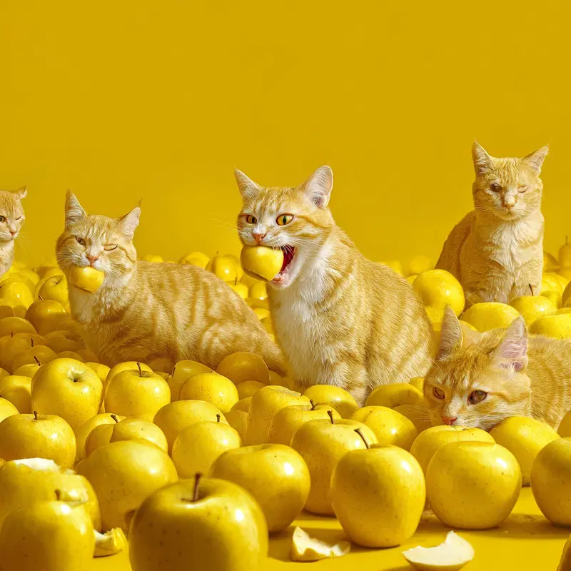 Orange tabby cats interacting with yellow apples in a vivid yellow setting