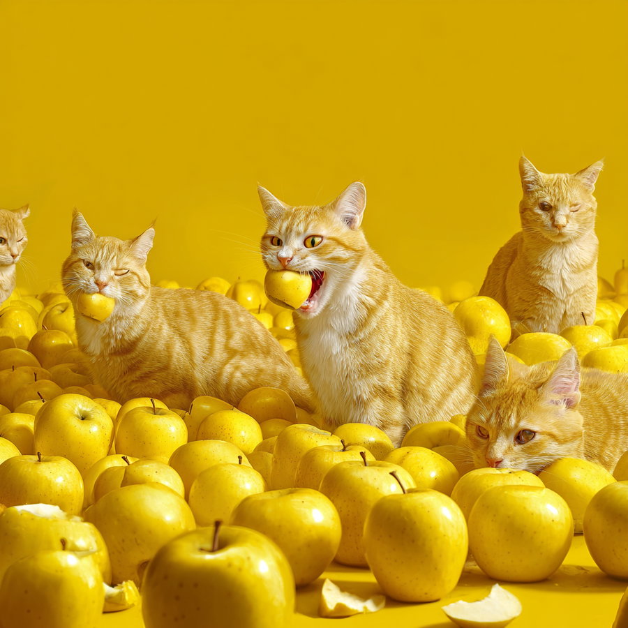 Several orange tabby cats surrounded by and interacting with numerous yellow apples against a bright yellow background