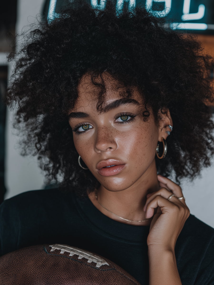 A close-up image of a young woman with curly dark hair, green eyes, and freckles, wearing hoop earrings and a dark top, gently touching her neck with one hand while holding a football.