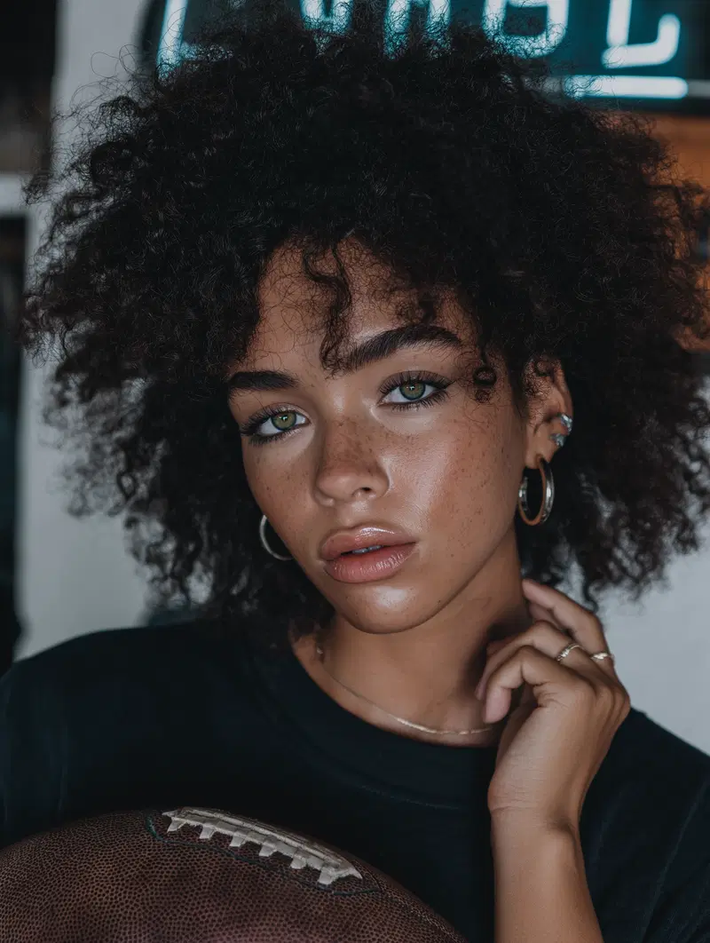 Close-up portrait of a young woman with curly hair holding a football