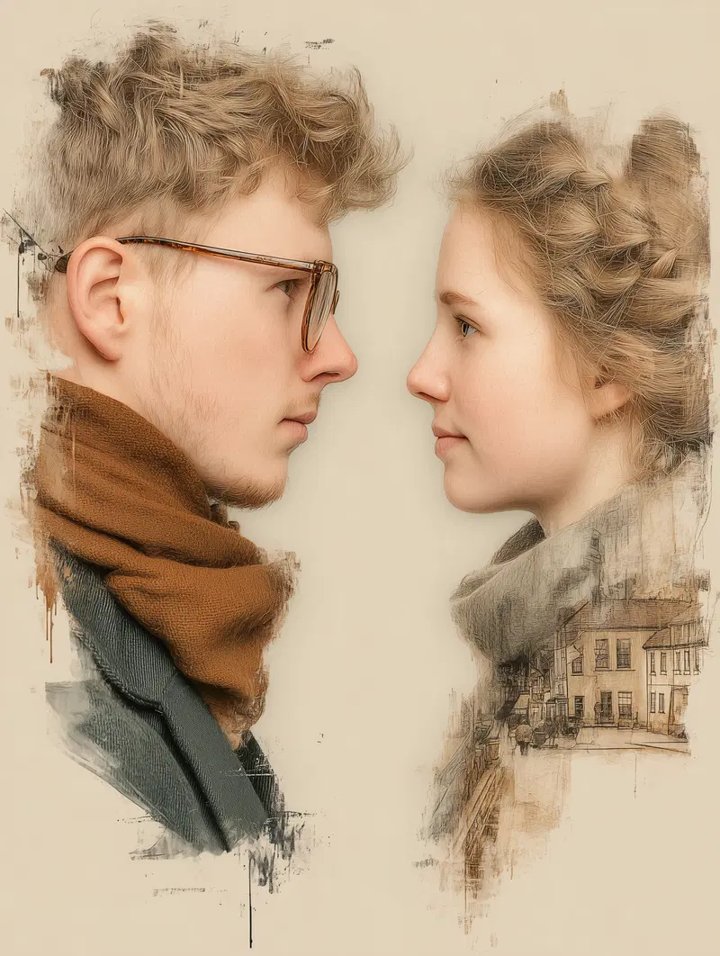 Digital portrait of a man and woman facing each other with artistic brushstroke effects