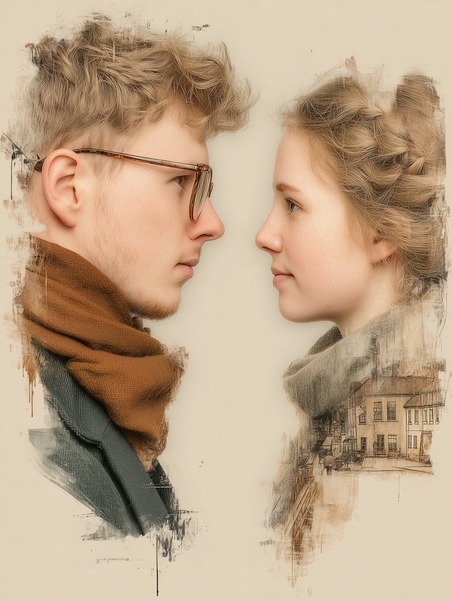A digitally painted profile view of a young man with glasses and a scarf and a young woman with braided hair and a scarf, facing each other on a beige background with textured brushstroke accents and faint sketches of buildings.