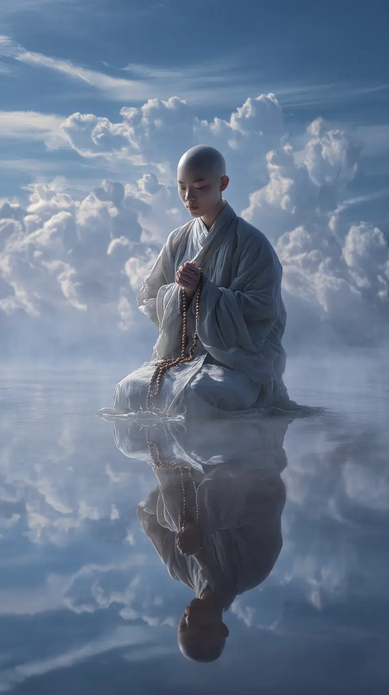 Serene emotional portrait of a shaved head person meditating with prayer beads in cloudy reflection