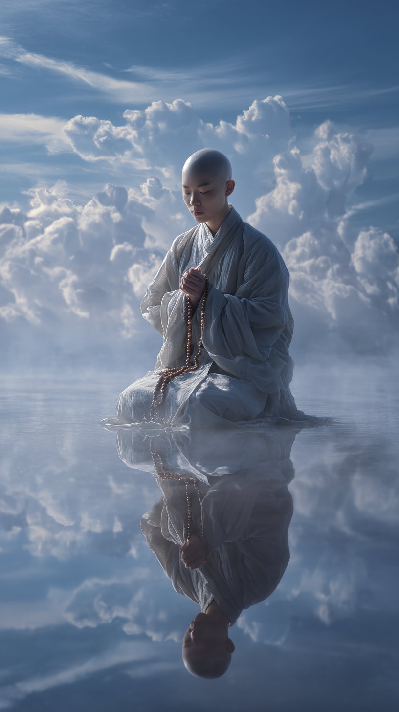 A bald person wearing flowing robes is sitting and meditating with prayer beads in their hands, reflected in calm water with a dramatic cloudy sky background