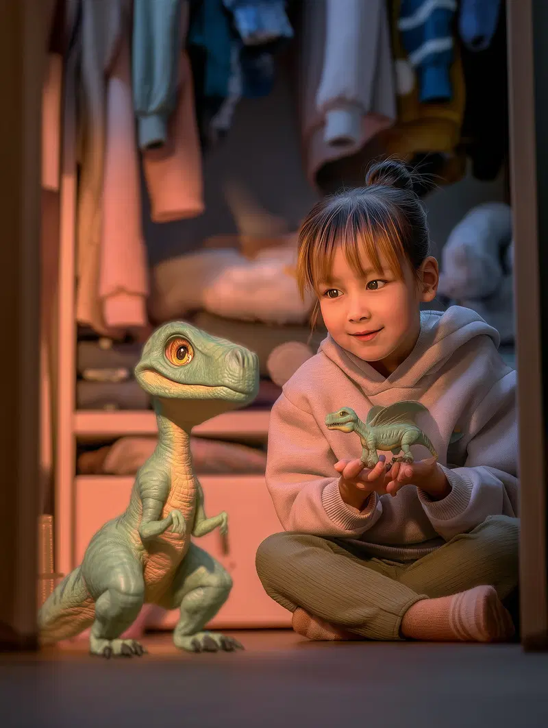 Young girl playing with a small dragon toy and a friendly green dragon character