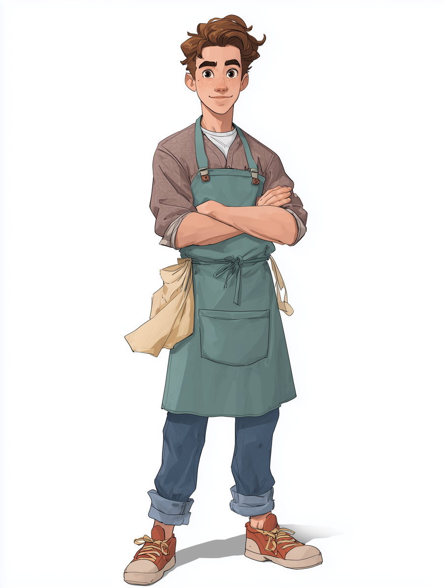 Illustration of a young man with brown hair, wearing a brown shirt, green apron, blue rolled-up jeans, and brown sneakers, standing with arms crossed against a white background