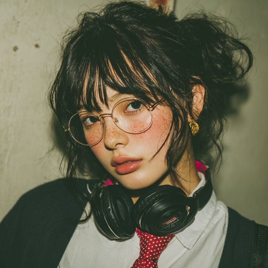 A young woman with dark messy hair, round glasses, visible freckles, and pink lipstick wearing black headphones around her neck, a white shirt, red polka dot tie, and black sweater standing in front of a plain light-colored wall