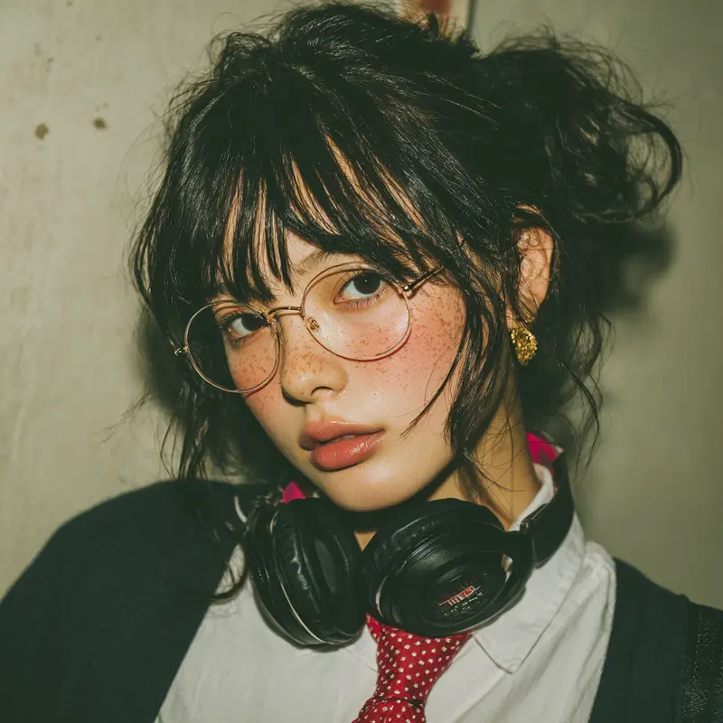 Close-up portrait of a young woman with glasses and headphones against a plain wall