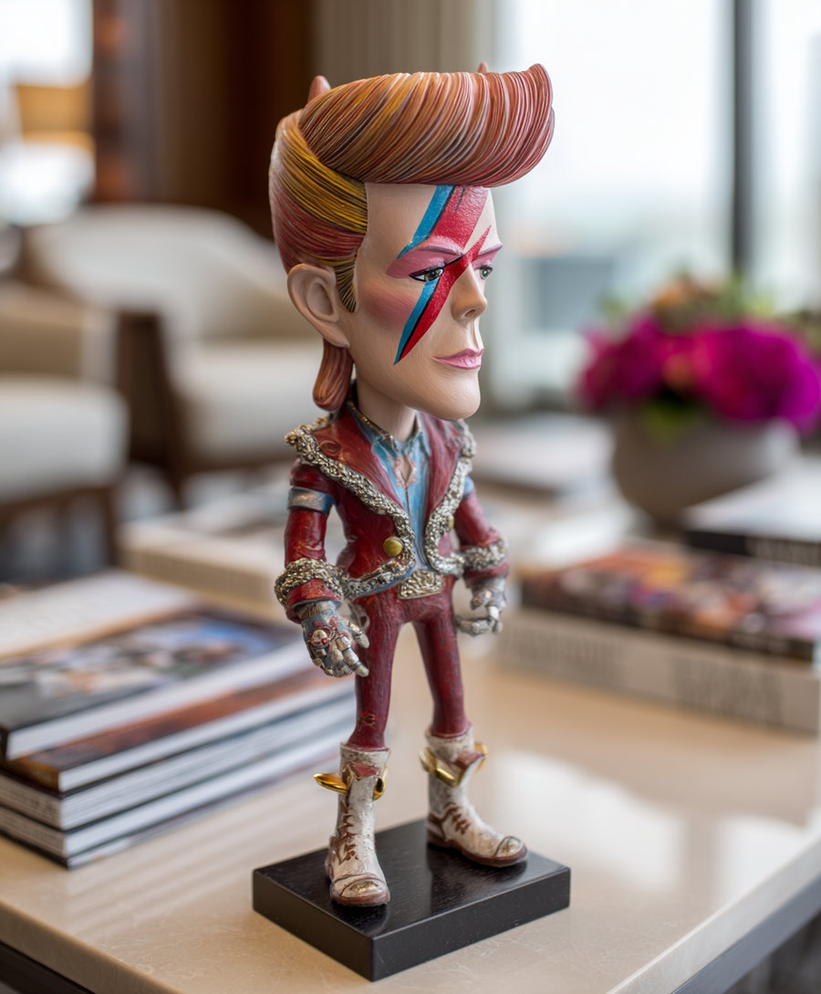 A detailed bobblehead figure depicting a male character with colorful makeup and stylized hair, wearing a red jacket with silver trim and white boots, standing on a black base on a table with books and flowers in the background.